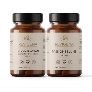 Schlaf & Entspannung Balance Set von REVIGENA – L-Tryptophan 500 mg und Passionsblume 750 mg