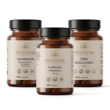 Darm & Immun Balance-Set von REVIGENA – SymbioLife Kulturen, Kurkuma 450 mg und Zink Bisglycinat