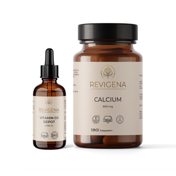 Knochen und Muskeln Aktiv Set von REVIGENA – Calcium 800 mg Tabletten und Vitamin D3 Tropfen