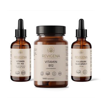Knochen & Zellkraft Set von REVIGENA – Vitamin D3 + K2 Tropfen, Folsäure Tropfen und Vitamin B12 Lutschtabletten
