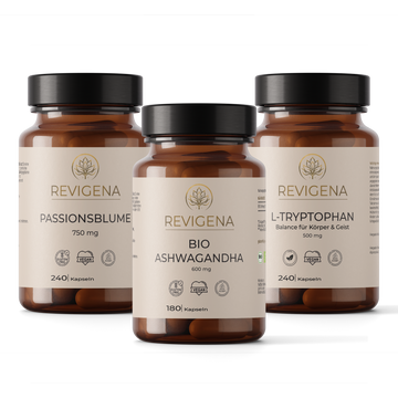 Körper & Geist Balance Set von REVIGENA – Bio-Ashwagandha, L-Tryptophan und Passionsblumen-Extrakt