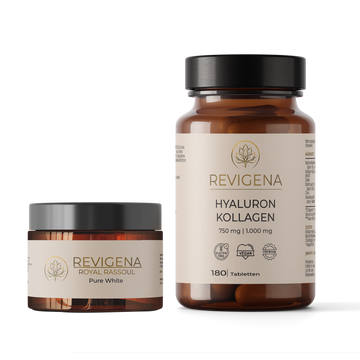 Beauty Set von REVIGENA – Royal Rhassoul Pure White Tonerde und Hyaluron + Kollagen Kapseln