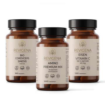 Energie- und Immunsystem-Set von REVIGENA – Cordyceps, 18 Aminosäuren und Eisen mit Vitamin C